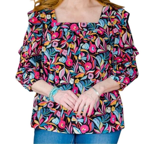 The Pioneer Woman Square Neck Blouse with Ruffle Sleeves Floral Print XXL - Picture 1 of 11